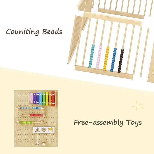 Alt view image 5 of 7 - Wooden Baby Playpen, 58x58x23 in Foldable Solid Wood Playpen for Babies and Toddlers, Adjustable Baby Fence with Locking Gate & Activity Panels, Portable Indoor Toddler Play Yard