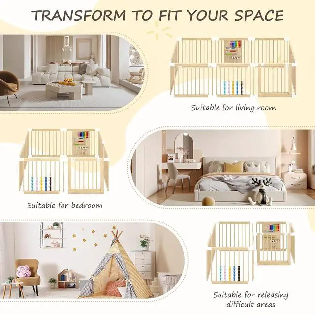 Alt view image 6 of 7 - Wooden Baby Playpen, 58x58x23 in Foldable Solid Wood Playpen for Babies and Toddlers, Adjustable Baby Fence with Locking Gate & Activity Panels, Portable Indoor Toddler Play Yard