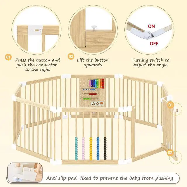 Alt view image 7 of 7 - Wooden Baby Playpen, 58x58x23 in Foldable Solid Wood Playpen for Babies and Toddlers, Adjustable Baby Fence with Locking Gate & Activity Panels, Portable Indoor Toddler Play Yard
