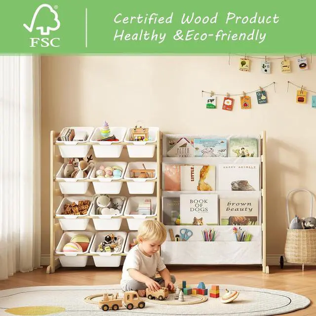 Alt view image 2 of 7 - Toy Storage Organizer with Bookshelf, Kids Toy Organizer and Storage Shelf with 12 White Bins, Solid Pine Wood Book Rack for Playroom, Nursery, Kids Room, Toys and Books