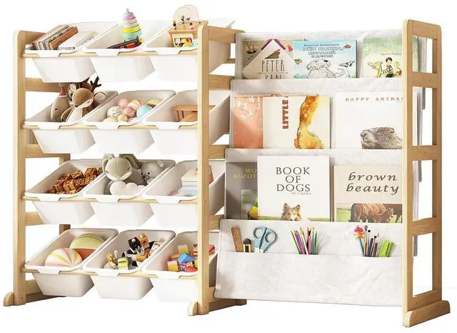 Main image of Toy Storage Organizer with Bookshelf, Kids Toy Organizer and Storage Shelf with 12 White Bins, Solid Pine Wood Book Rack for Playroom, Nursery, Kids Room, Toys and Books