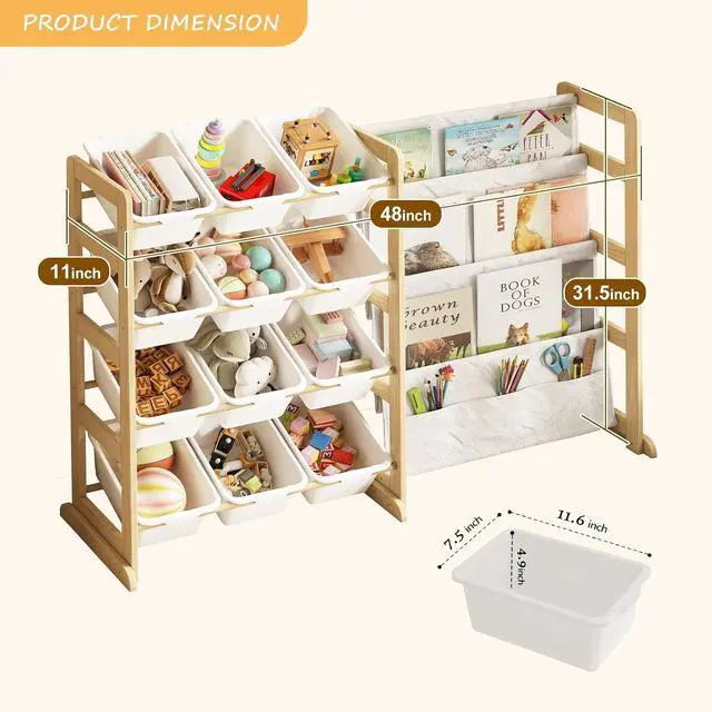 Alt view image 3 of 7 - Toy Storage Organizer with Bookshelf, Kids Toy Organizer and Storage Shelf with 12 White Bins, Solid Pine Wood Book Rack for Playroom, Nursery, Kids Room, Toys and Books