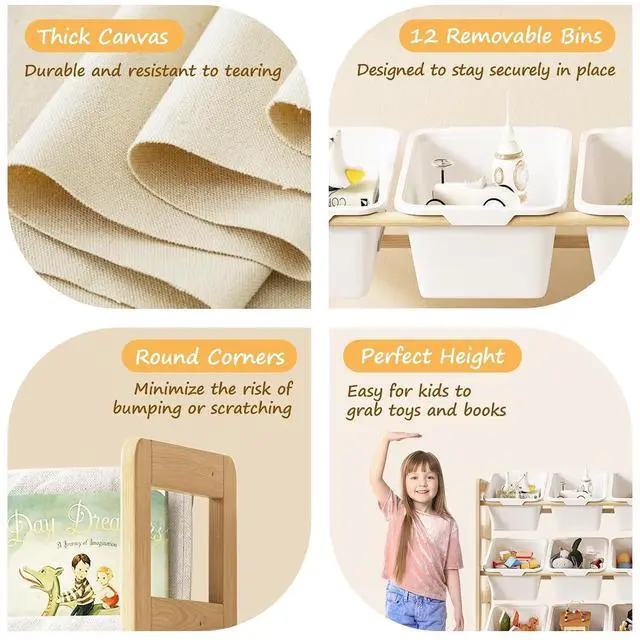 Alt view image 5 of 7 - Toy Storage Organizer with Bookshelf, Kids Toy Organizer and Storage Shelf with 12 White Bins, Solid Pine Wood Book Rack for Playroom, Nursery, Kids Room, Toys and Books