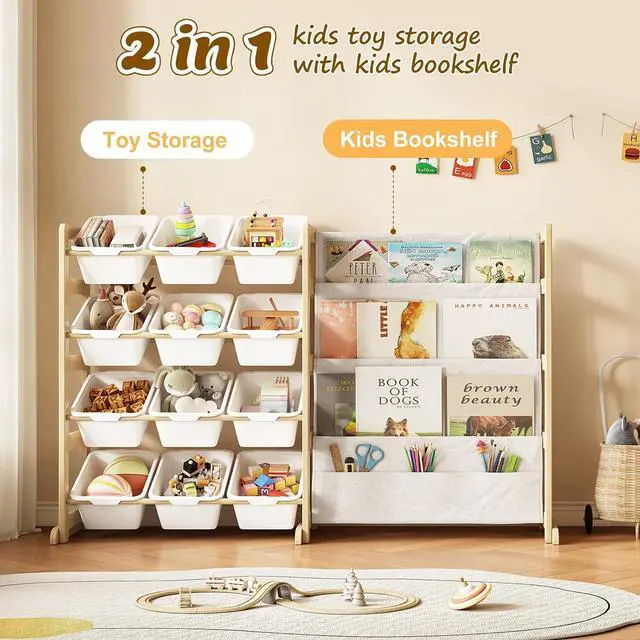 Alt view image 7 of 7 - Toy Storage Organizer with Bookshelf, Kids Toy Organizer and Storage Shelf with 12 White Bins, Solid Pine Wood Book Rack for Playroom, Nursery, Kids Room, Toys and Books