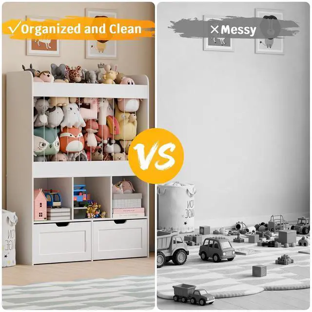Alt view image 7 of 7 - 51.7" H Kids Toy Storage Organizer with 100L Stuffed Animal Storage Zoo, 3-Tier Montessori Wooden Bookshelf with 2 Movable Bins and 3 Cubes, Tall Storage Cabinet for Kids Room Playroom Nursery, White