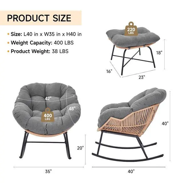 Alt view image 3 of 7 - Outdoor Papasan Rocking Chair, Egg Chair with Ottoman, Light Gray