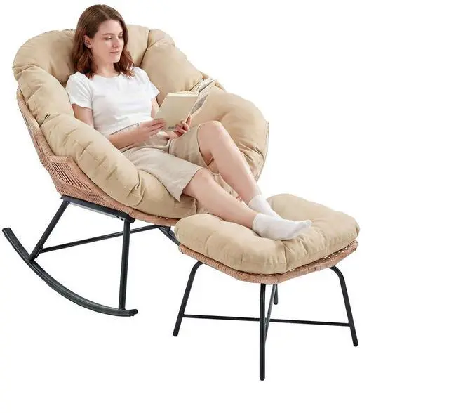 Main image of Outdoor Papasan Rocking Chair, Egg Chair with Ottoman, Beige