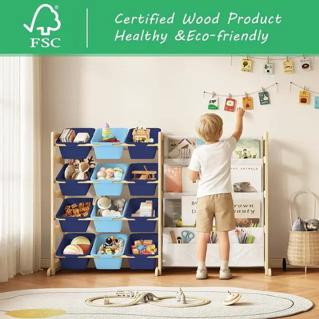 Alt view image 2 of 7 - Toy Storage Organizer with Bookshelf - 12 Storage Bins 4-Tier Multipurpose Shelf to Organize Toys and Books for Kids Room, Playroom, Nursery Room, Blue