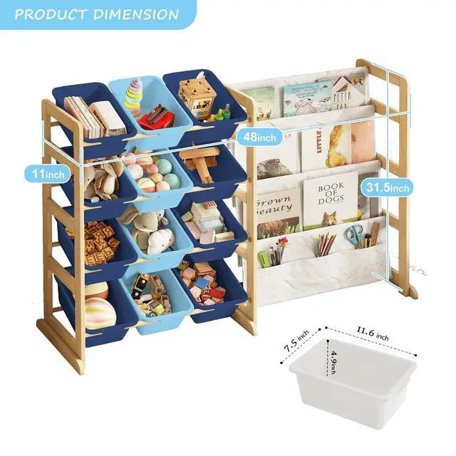 Alt view image 3 of 7 - Toy Storage Organizer with Bookshelf - 12 Storage Bins 4-Tier Multipurpose Shelf to Organize Toys and Books for Kids Room, Playroom, Nursery Room, Blue