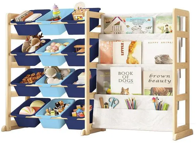 Main image of Toy Storage Organizer with Bookshelf - 12 Storage Bins 4-Tier Multipurpose Shelf to Organize Toys and Books for Kids Room, Playroom, Nursery Room, Blue