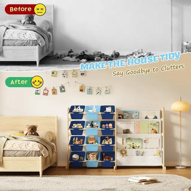 Alt view image 6 of 7 - Toy Storage Organizer with Bookshelf - 12 Storage Bins 4-Tier Multipurpose Shelf to Organize Toys and Books for Kids Room, Playroom, Nursery Room, Blue