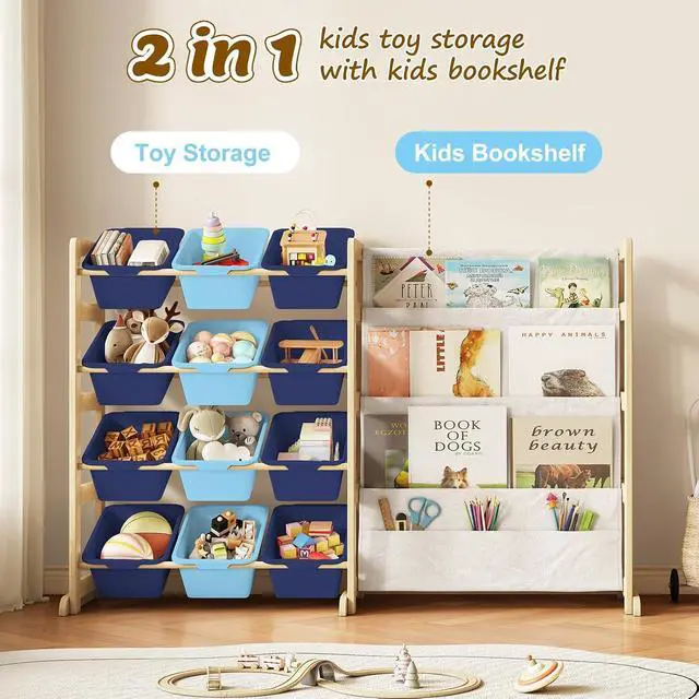 Alt view image 7 of 7 - Toy Storage Organizer with Bookshelf - 12 Storage Bins 4-Tier Multipurpose Shelf to Organize Toys and Books for Kids Room, Playroom, Nursery Room, Blue