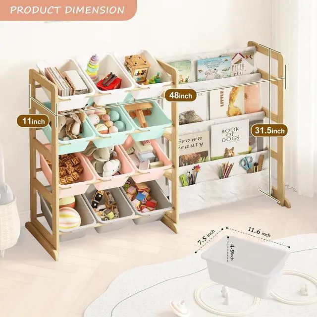 Alt view image 3 of 7 - Toy Storage Organizer with Bookshelf - 12 Storage Bins 4-Tier Multipurpose Shelf to Organize Toys and Books for Kids Room, Playroom, Nursery Room, Multi-Color