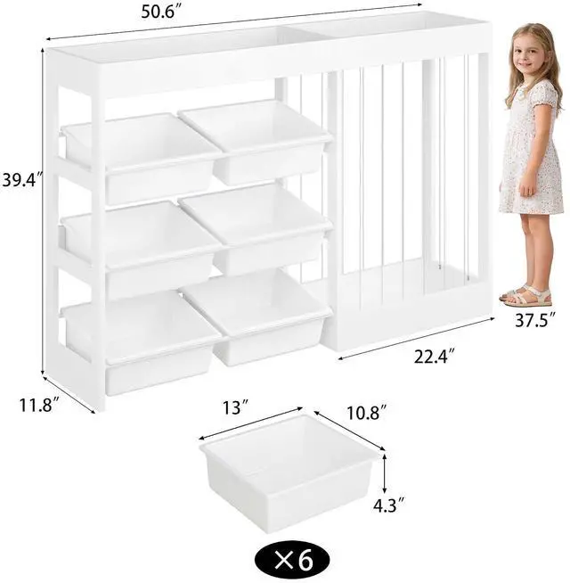 Alt view image 2 of 7 - 50.6" W Toy Storage, 3-in-1 Large Kids Toy Organizers and Storage with Stuffed Animal Zoo, 6 Removable Plastic Bins, Wooden Toddler Cabinet for Girls Boys Playroom, Nursery, Home Decor(White)