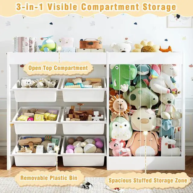 Alt view image 3 of 7 - 50.6" W Toy Storage, 3-in-1 Large Kids Toy Organizers and Storage with Stuffed Animal Zoo, 6 Removable Plastic Bins, Wooden Toddler Cabinet for Girls Boys Playroom, Nursery, Home Decor(White)