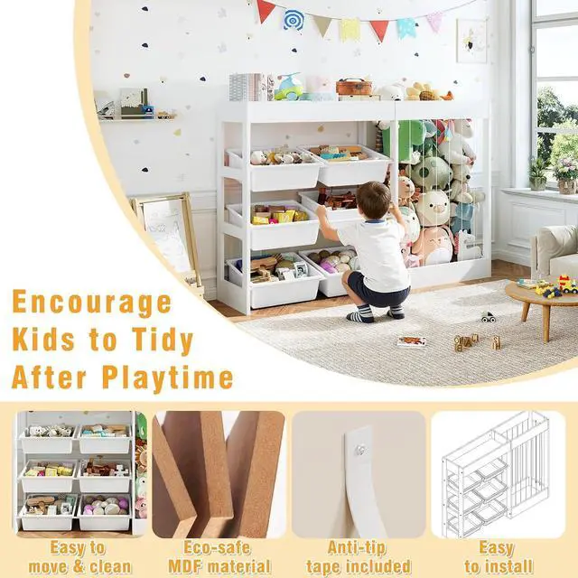 Alt view image 4 of 7 - 50.6" W Toy Storage, 3-in-1 Large Kids Toy Organizers and Storage with Stuffed Animal Zoo, 6 Removable Plastic Bins, Wooden Toddler Cabinet for Girls Boys Playroom, Nursery, Home Decor(White)