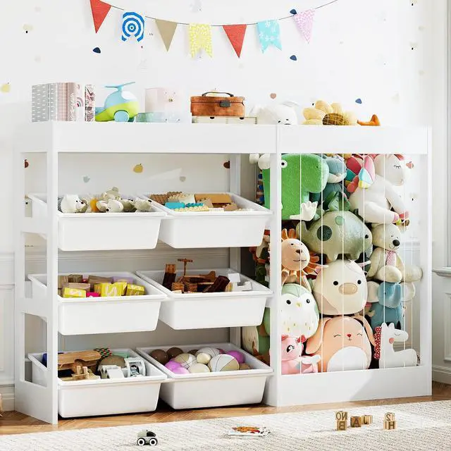 Main image of 50.6" W Toy Storage, 3-in-1 Large Kids Toy Organizers and Storage with Stuffed Animal Zoo, 6 Removable Plastic Bins, Wooden Toddler Cabinet for Girls Boys Playroom, Nursery, Home Decor(White)