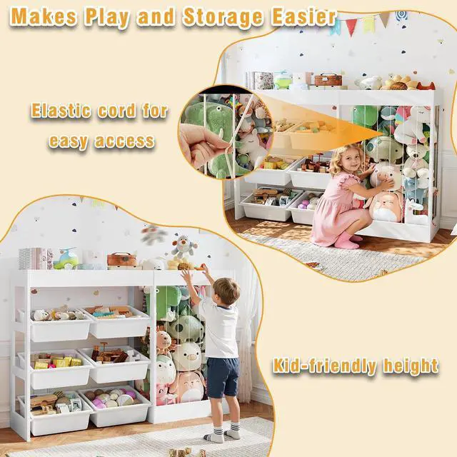 Alt view image 5 of 7 - 50.6" W Toy Storage, 3-in-1 Large Kids Toy Organizers and Storage with Stuffed Animal Zoo, 6 Removable Plastic Bins, Wooden Toddler Cabinet for Girls Boys Playroom, Nursery, Home Decor(White)