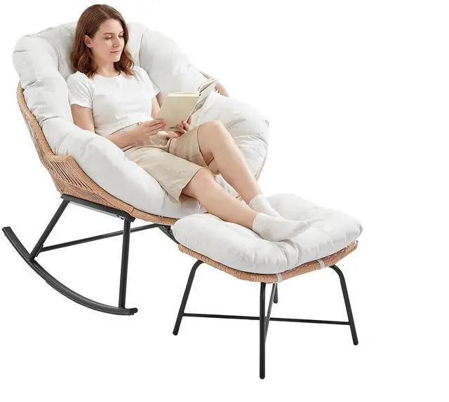 Main image of Outdoor Papasan Rocking Chair, Egg Chair with Ottoman, Cream White