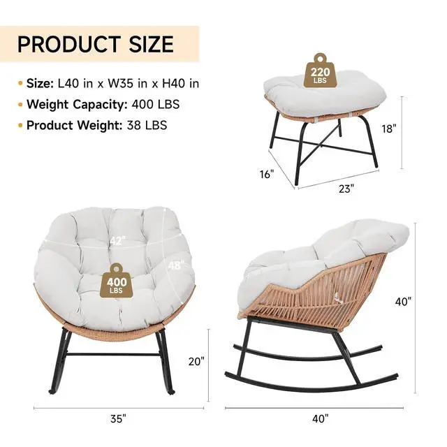 Alt view image 3 of 7 - Outdoor Papasan Rocking Chair, Egg Chair with Ottoman, Cream White