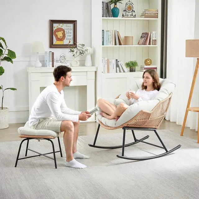 Alt view image 2 of 7 - Outdoor Papasan Rocking Chair, Egg Chair with Ottoman, Cream White