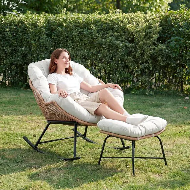 Alt view image 5 of 7 - Outdoor Papasan Rocking Chair, Egg Chair with Ottoman, Cream White