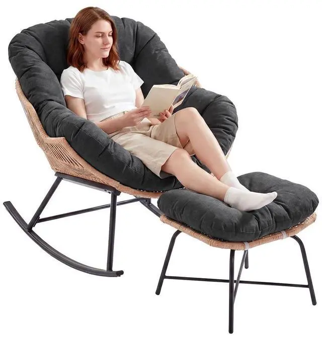 Main image of Outdoor Papasan Rocking Chair, Egg Chair with Ottoman, Dark Gray