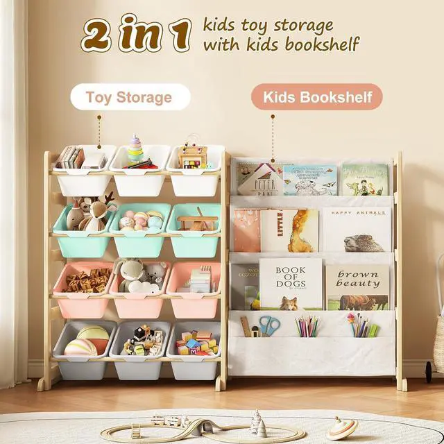 Alt view image 4 of 7 - Toy Storage Organizer with Bookshelf - 12 Storage Bins 4-Tier Multipurpose Shelf to Organize Toys and Books for Kids Room, Playroom, Nursery Room, Multi-Color