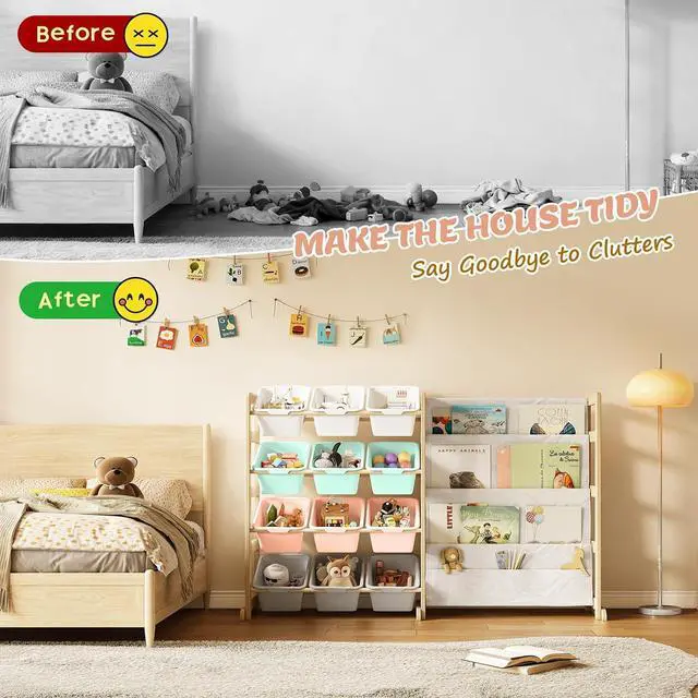 Alt view image 7 of 7 - Toy Storage Organizer with Bookshelf - 12 Storage Bins 4-Tier Multipurpose Shelf to Organize Toys and Books for Kids Room, Playroom, Nursery Room, Multi-Color