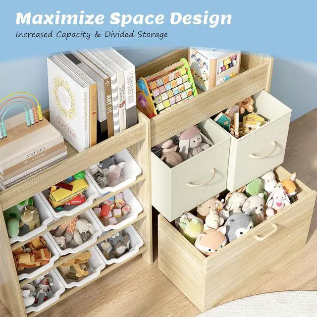 Alt view image 5 of 7 - Toy Storage Organizer for Kids, 9-Bin Toy Organizer with 2-Drawers, Movable Toy Chest and Top Rack, Multifunctional Kids Bookshelf and Toy Storage for Playroom, Bedroom, Nursery, White