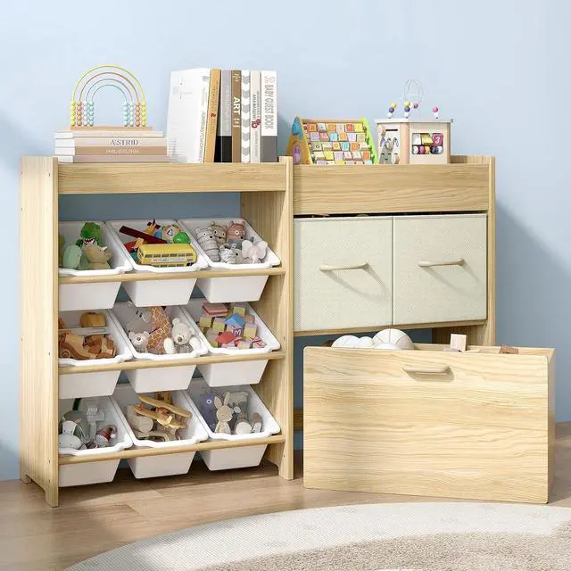 Main image of Toy Storage Organizer for Kids, 9-Bin Toy Organizer with 2-Drawers, Movable Toy Chest and Top Rack, Multifunctional Kids Bookshelf and Toy Storage for Playroom, Bedroom, Nursery, White