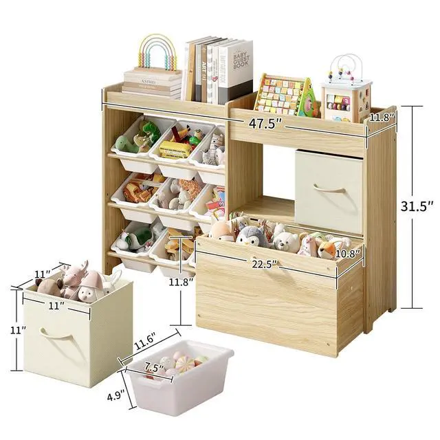 Alt view image 2 of 7 - Toy Storage Organizer for Kids, 9-Bin Toy Organizer with 2-Drawers, Movable Toy Chest and Top Rack, Multifunctional Kids Bookshelf and Toy Storage for Playroom, Bedroom, Nursery, White