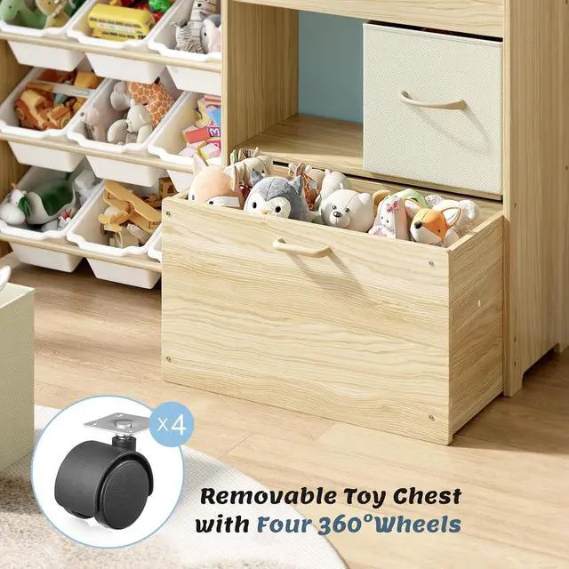Alt view image 3 of 7 - Toy Storage Organizer for Kids, 9-Bin Toy Organizer with 2-Drawers, Movable Toy Chest and Top Rack, Multifunctional Kids Bookshelf and Toy Storage for Playroom, Bedroom, Nursery, White
