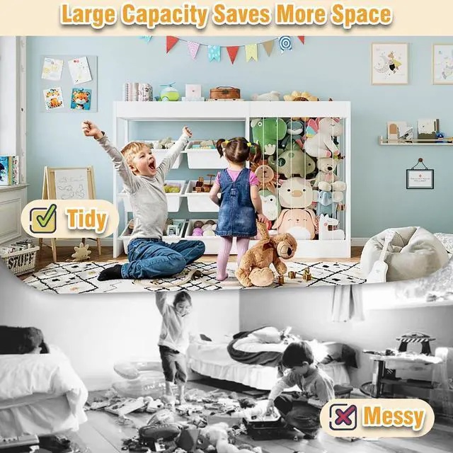 Alt view image 6 of 7 - 50.6" W Toy Storage, 3-in-1 Large Kids Toy Organizers and Storage with Stuffed Animal Zoo, 6 Removable Plastic Bins, Wooden Toddler Cabinet for Girls Boys Playroom, Nursery, Home Decor(White)