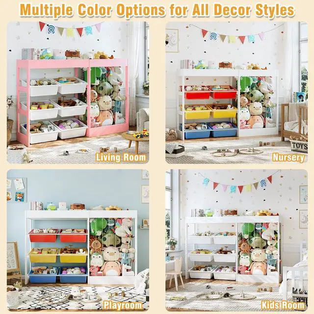 Alt view image 7 of 7 - 50.6" W Toy Storage, 3-in-1 Large Kids Toy Organizers and Storage with Stuffed Animal Zoo, 6 Removable Plastic Bins, Wooden Toddler Cabinet for Girls Boys Playroom, Nursery, Home Decor(White)