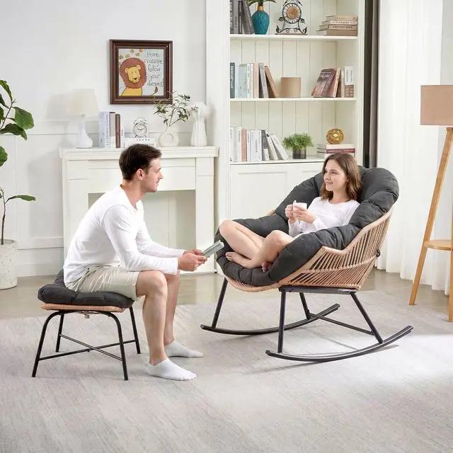Alt view image 2 of 7 - Outdoor Papasan Rocking Chair, Egg Chair with Ottoman, Dark Gray