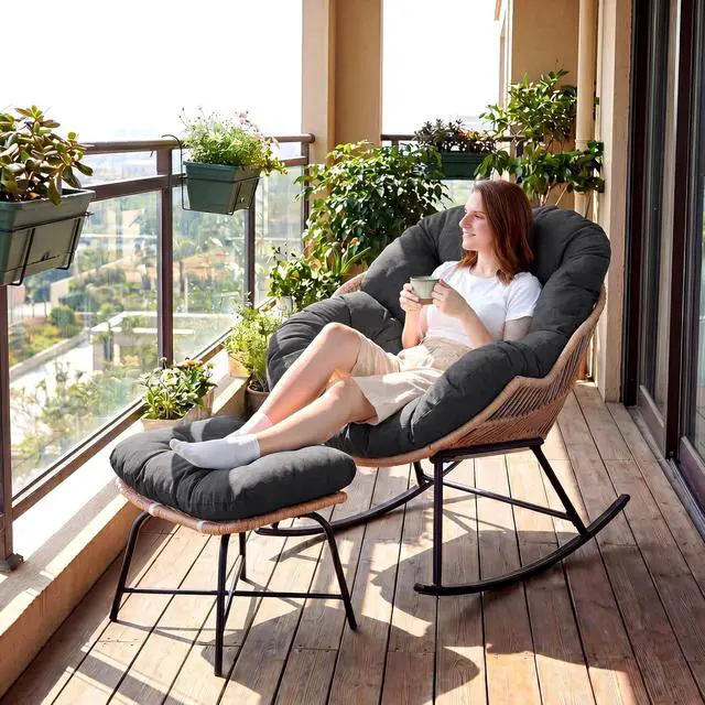 Alt view image 4 of 7 - Outdoor Papasan Rocking Chair, Egg Chair with Ottoman, Dark Gray