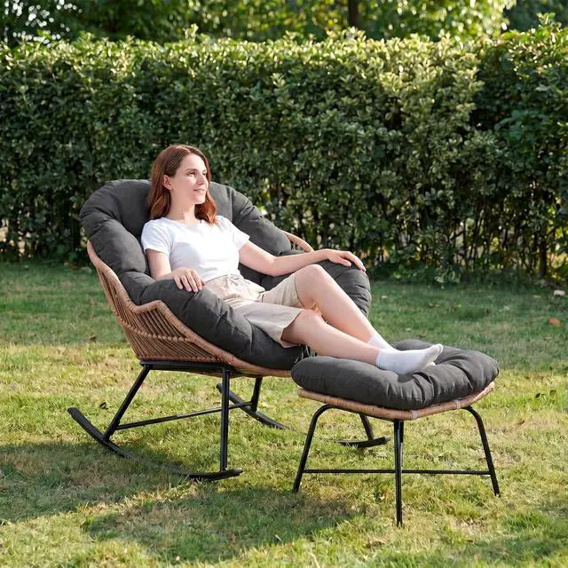 Alt view image 5 of 7 - Outdoor Papasan Rocking Chair, Egg Chair with Ottoman, Dark Gray