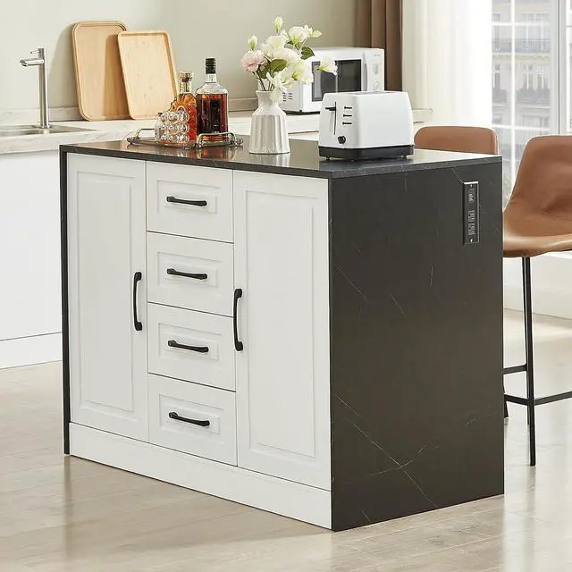 Main image of 47" Kitchen Island with Power Outlet & Imitation Marble, Black