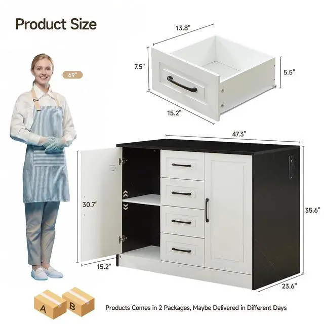 Alt view image 2 of 7 - 47" Kitchen Island with Power Outlet & Imitation Marble, Black