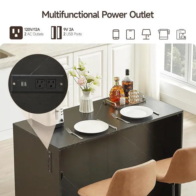 Alt view image 3 of 7 - 47" Kitchen Island with Power Outlet & Imitation Marble, Black