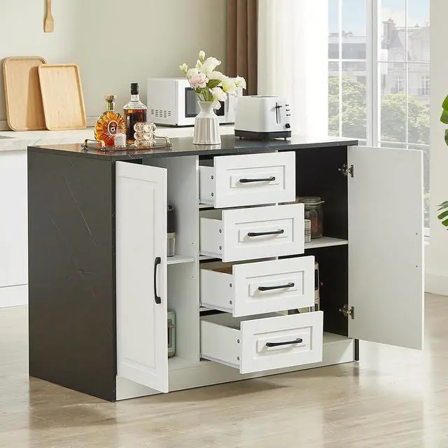 Alt view image 4 of 7 - 47" Kitchen Island with Power Outlet & Imitation Marble, Black
