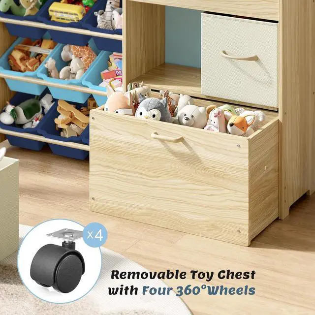 Alt view image 4 of 7 - Toy Storage Organizer for Kids, 9-Bin Toy Organizer with 2-Drawers,Movable Toy Chest and Top Rack, Kids Bookshelf and Toy Storage for Playroom, Bedroom, Nursery, Blue
