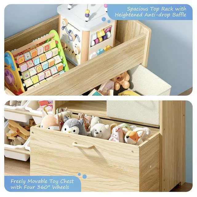 Alt view image 7 of 7 - Toy Storage Organizer for Kids, 9-Bin Toy Organizer with 2-Drawers, Movable Toy Chest and Top Rack, Multifunctional Kids Bookshelf and Toy Storage for Playroom, Bedroom, Nursery, White