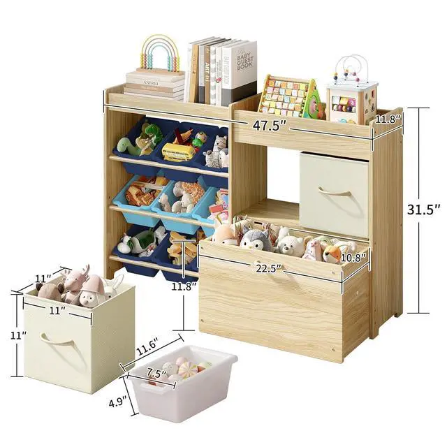 Alt view image 2 of 7 - Toy Storage Organizer for Kids, 9-Bin Toy Organizer with 2-Drawers,Movable Toy Chest and Top Rack, Kids Bookshelf and Toy Storage for Playroom, Bedroom, Nursery, Blue