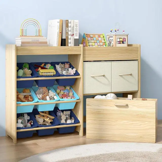 Main image of Toy Storage Organizer for Kids, 9-Bin Toy Organizer with 2-Drawers,Movable Toy Chest and Top Rack, Kids Bookshelf and Toy Storage for Playroom, Bedroom, Nursery, Blue