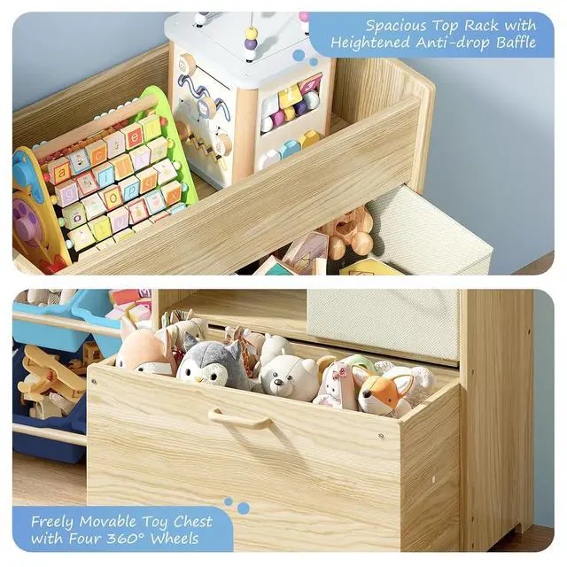 Alt view image 7 of 7 - Toy Storage Organizer for Kids, 9-Bin Toy Organizer with 2-Drawers,Movable Toy Chest and Top Rack, Kids Bookshelf and Toy Storage for Playroom, Bedroom, Nursery, Blue