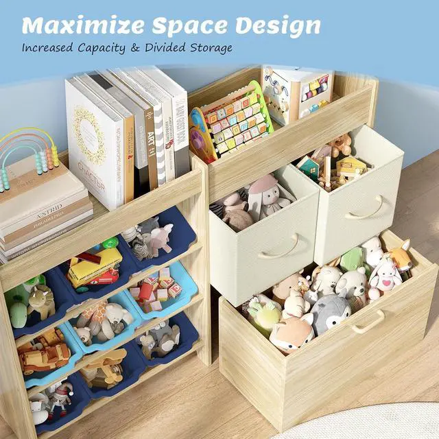 Alt view image 5 of 7 - Toy Storage Organizer for Kids, 9-Bin Toy Organizer with 2-Drawers,Movable Toy Chest and Top Rack, Kids Bookshelf and Toy Storage for Playroom, Bedroom, Nursery, Blue