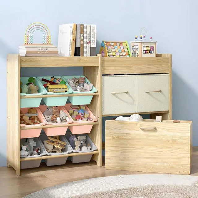 Main image of Toy Storage Organizer for Kids, 9-Bin Toy Organizer with 2-Drawers,Movable Toy Chest and Top Rack, Kids Bookshelf and Toy Storage for Playroom, Bedroom, Nursery, Multi-Color
