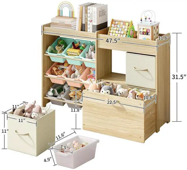Alt view image 2 of 7 - Toy Storage Organizer for Kids, 9-Bin Toy Organizer with 2-Drawers,Movable Toy Chest and Top Rack, Kids Bookshelf and Toy Storage for Playroom, Bedroom, Nursery, Multi-Color
